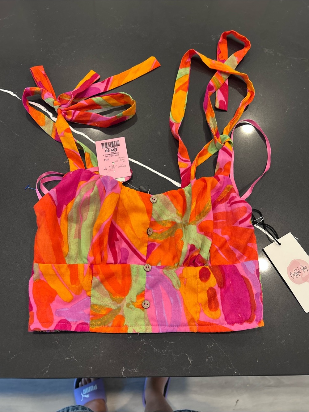 NWT Crystal Sky Pink Orange Abstract Print Smocked Tie Strap Crop Top Y2K Style